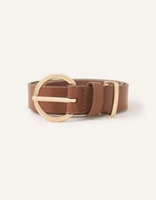 Round Buckle Leather Jeans Belt, Tan (TAN), large