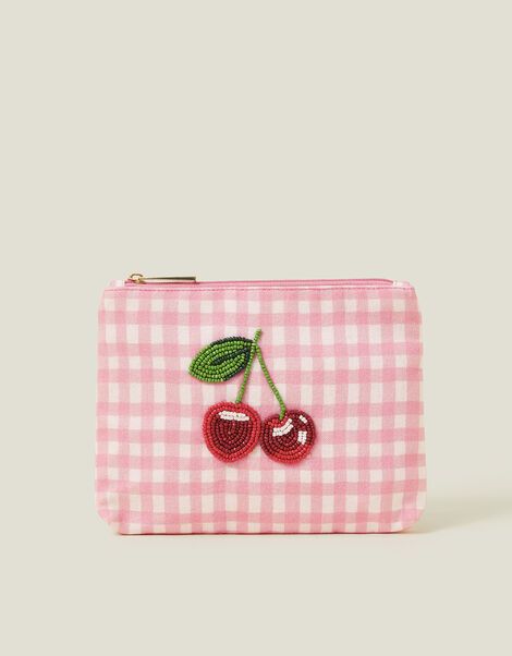 Cherry Beaded Gingham Pouch, , large