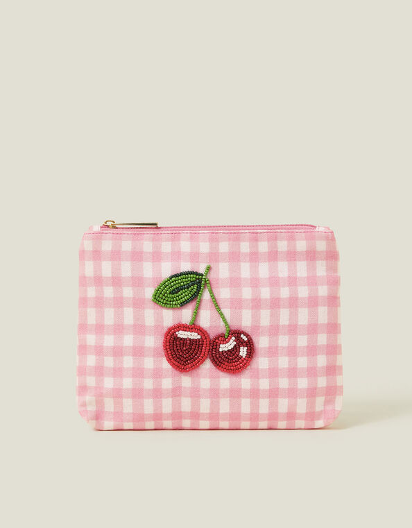 Cherry Beaded Gingham Pouch, , large
