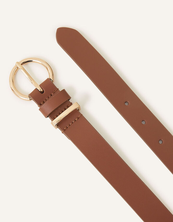 Round Buckle Leather Jeans Belt, Tan (TAN), large