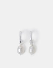 Sterling Silver-Plated Pearl Drop Hoop Earrings, , large