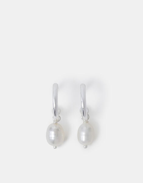 Sterling Silver-Plated Pearl Drop Hoop Earrings, , large