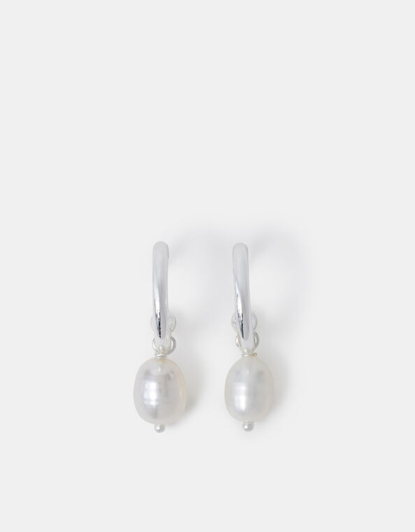 Sterling Silver-Plated Pearl Drop Hoop Earrings, , large