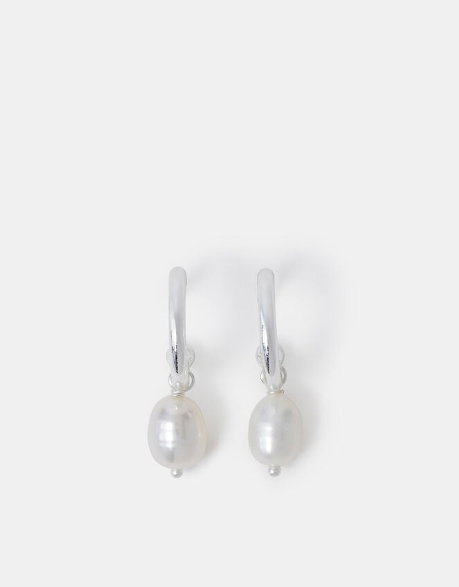 Sterling Silver-Plated Pearl Drop Hoop Earrings, , large