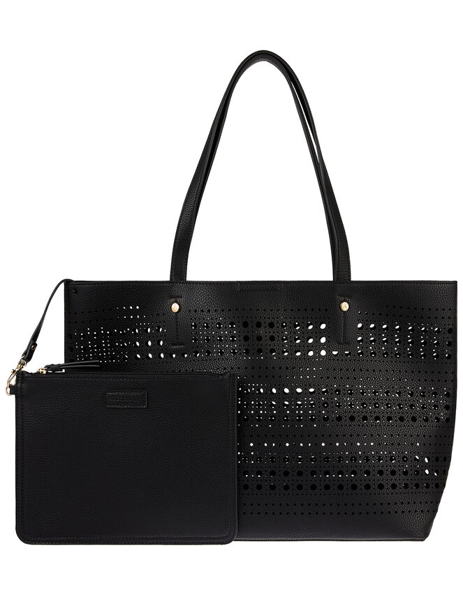 Perforated Shopper with Detachable Zip Pouch, Black (BLACK), large