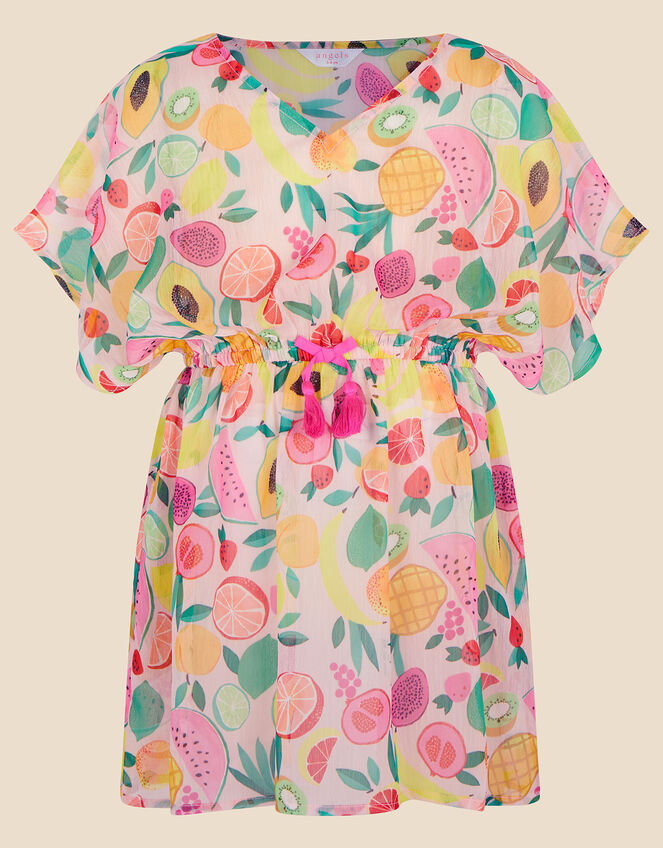 Girls Fruit Print Kaftan in Recycled Polyester, Multi (BRIGHTS-MULTI), large