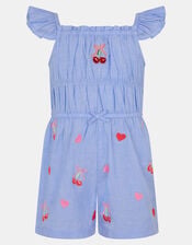 Girls Cherry Embroidered Playsuit, Blue (BLUE), large