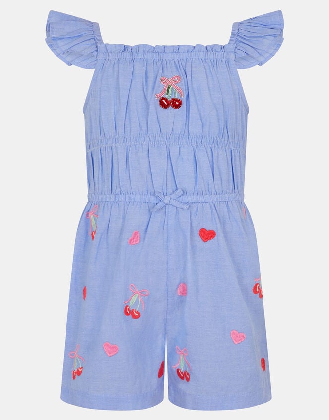 Girls Cherry Embroidered Playsuit, Blue (BLUE), large