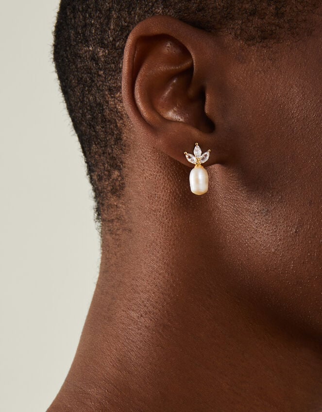 14ct Gold-Plated Diamante Pearl Drop Earrings, , large