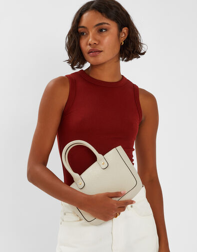 Mini Woven Faux Leather Handbag, Cream (CREAM), large