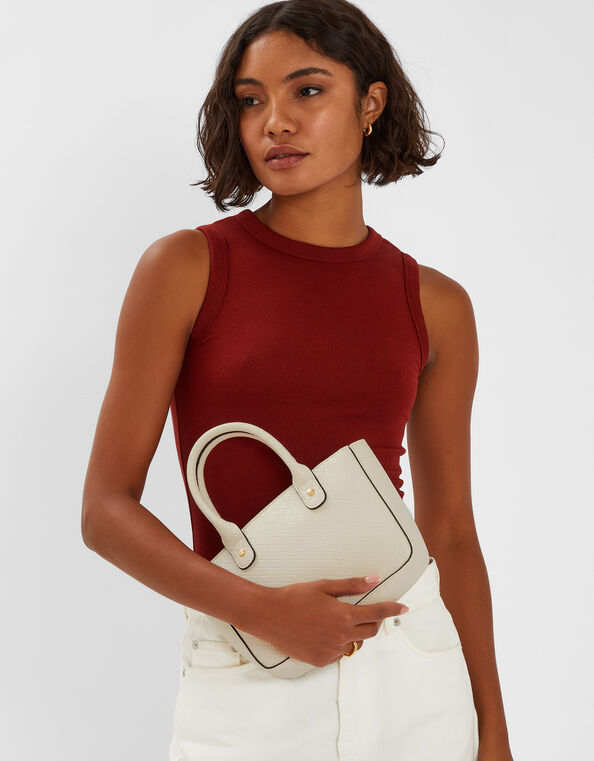 Mini Woven Faux Leather Handbag, Cream (CREAM), large