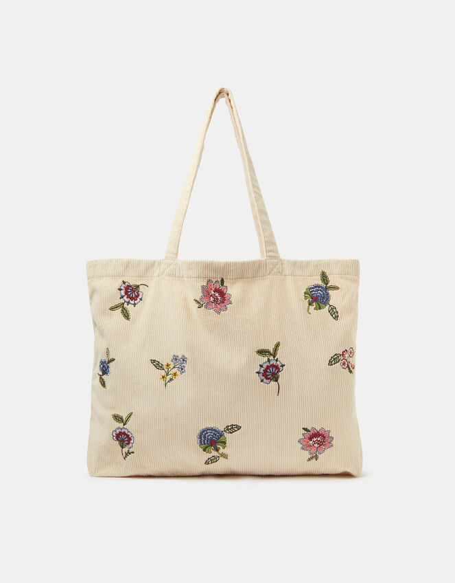 Floral Embroidered Corduroy Shopper Bag, Cream (CREAM), large