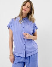 Lace Trim Linen Blend Shirt , Blue (LIGHT BLUE), large