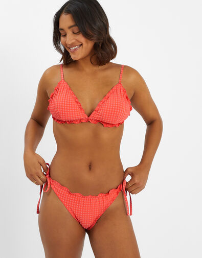 Frilly Seersucker Triangle Bikini Top, Orange (CORAL), large