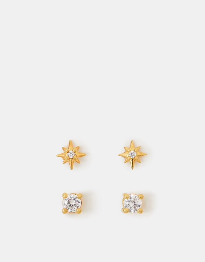2-Pack 14ct Gold-Plated Diamanté Star Stud Earrings, , large