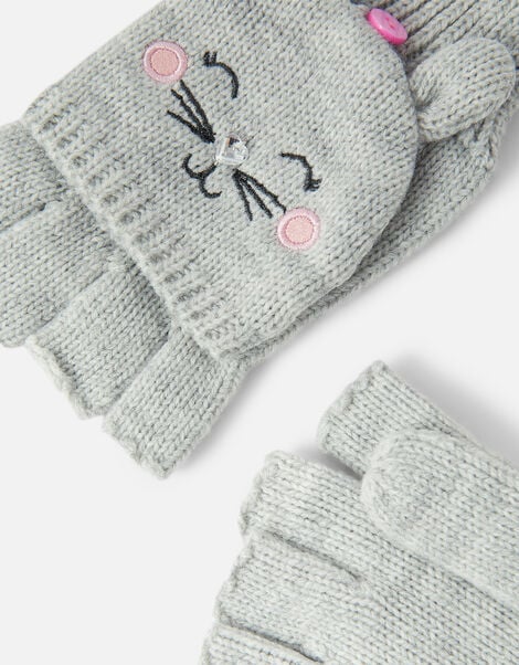 Girls Fluffy Bunny Capped Gloves Grey, Grey (GREY), large