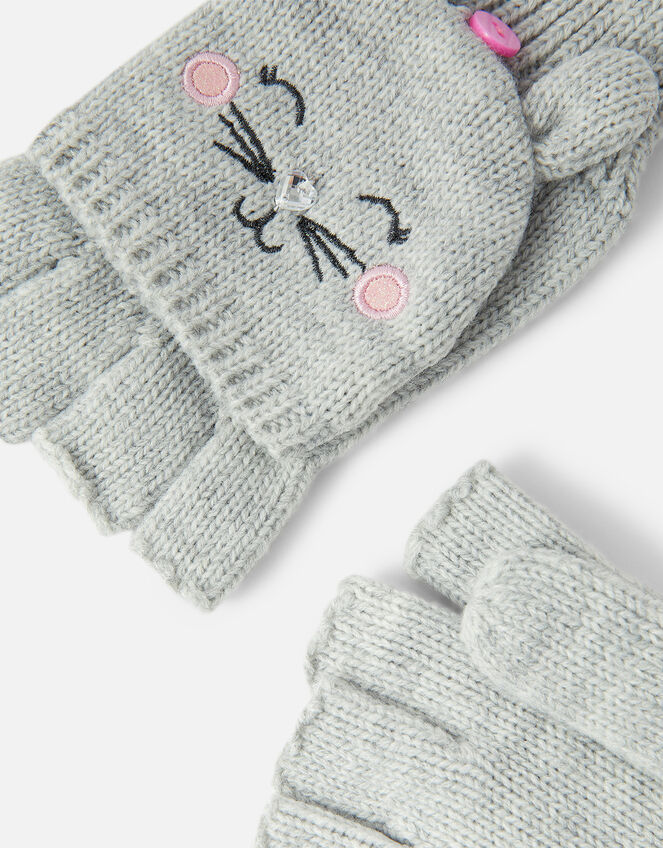 Girls Fluffy Bunny Capped Gloves, Grey (GREY), large