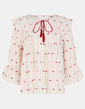 Heart Print Collared Blouse, Red (RED), large