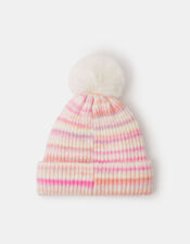 Girls Bunny Stripe Bobble Hat, Multi (PASTEL MULTI), large
