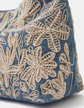 Embroidered Denim Shoulder Bag, , large