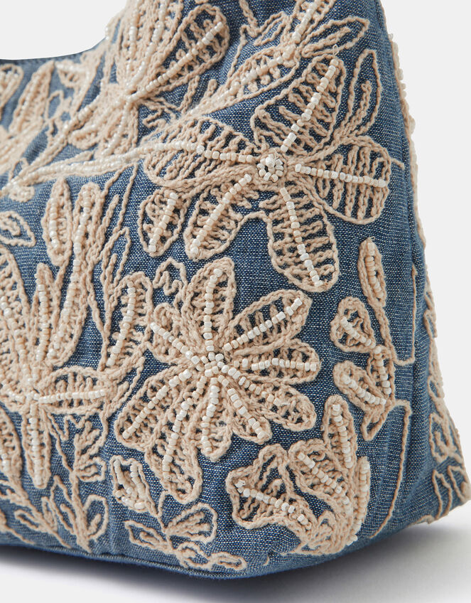 Embroidered Denim Shoulder Bag, , large