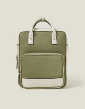Two-Tone Top Handle Faux Leather Backpack, , large