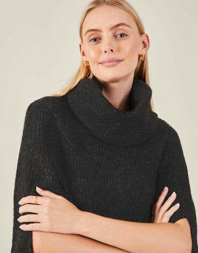 Roll Neck Knit Poncho, Black (BLACK), large