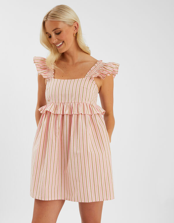 Sleeveless Stripe Frilly Mini Dress, Pink (PINK), large