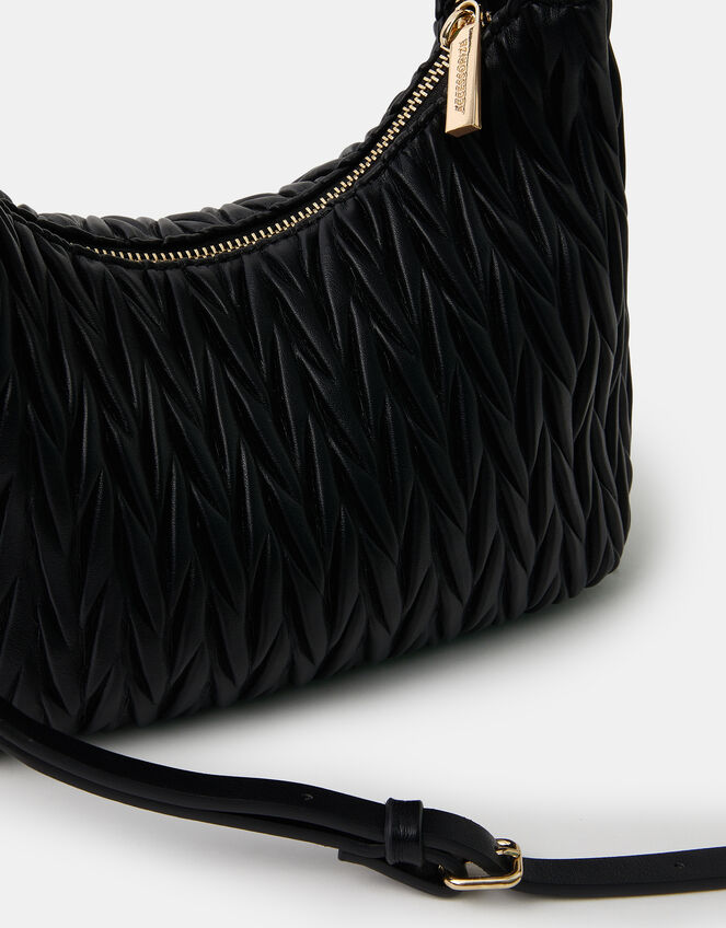 Ruched Faux Leather Handbag, Black (BLACK), large