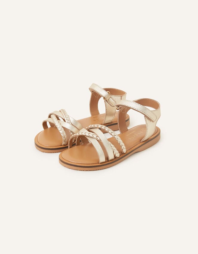 Girls Strappy Plait Leather Sandals, Gold (GOLD), large