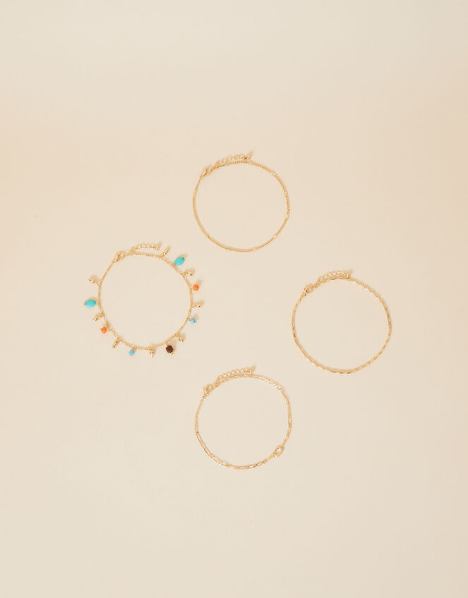 Beaded Charm and Chain Anklets 4 Pack, , large