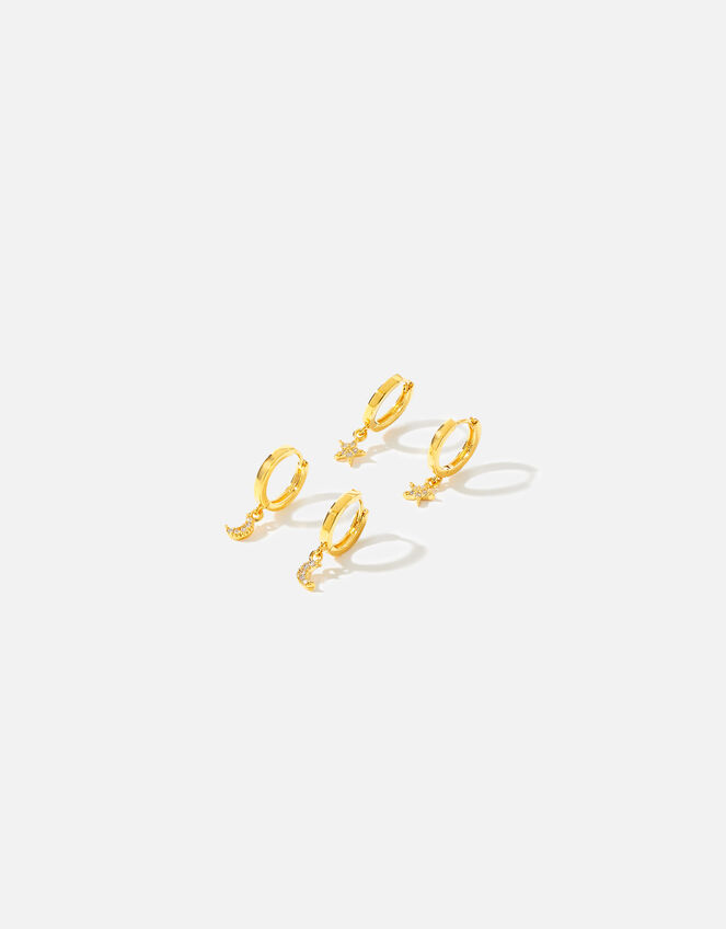 14ct Gold-Plated Star and Moon Hoops Set of Two, , large