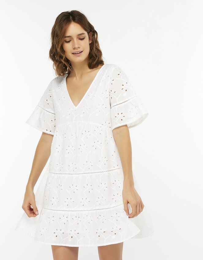 Schiffli Cutwork Dress, White (WHITE), large