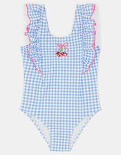 Girls Embellished Cherry Gingham Swimsuit, Blue (BLUE), large