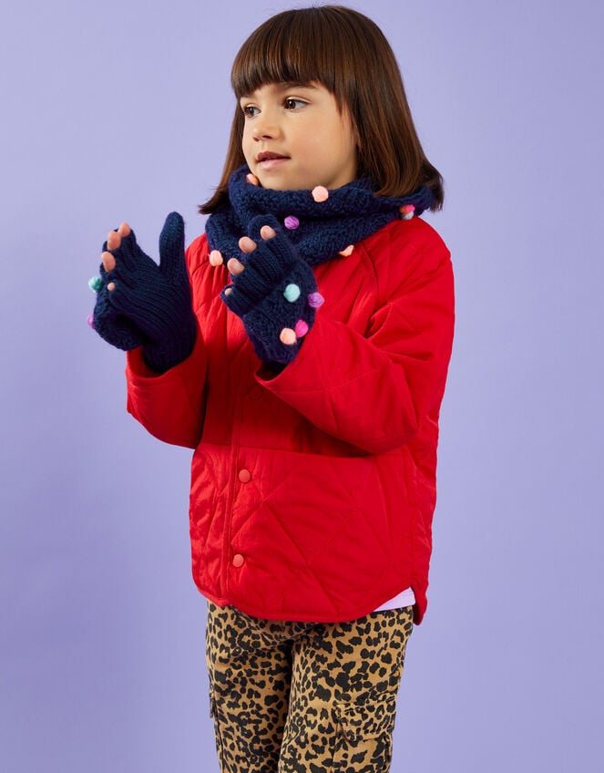 Girls Pom Pom Fingerless Mitten Gloves, Blue (NAVY), large