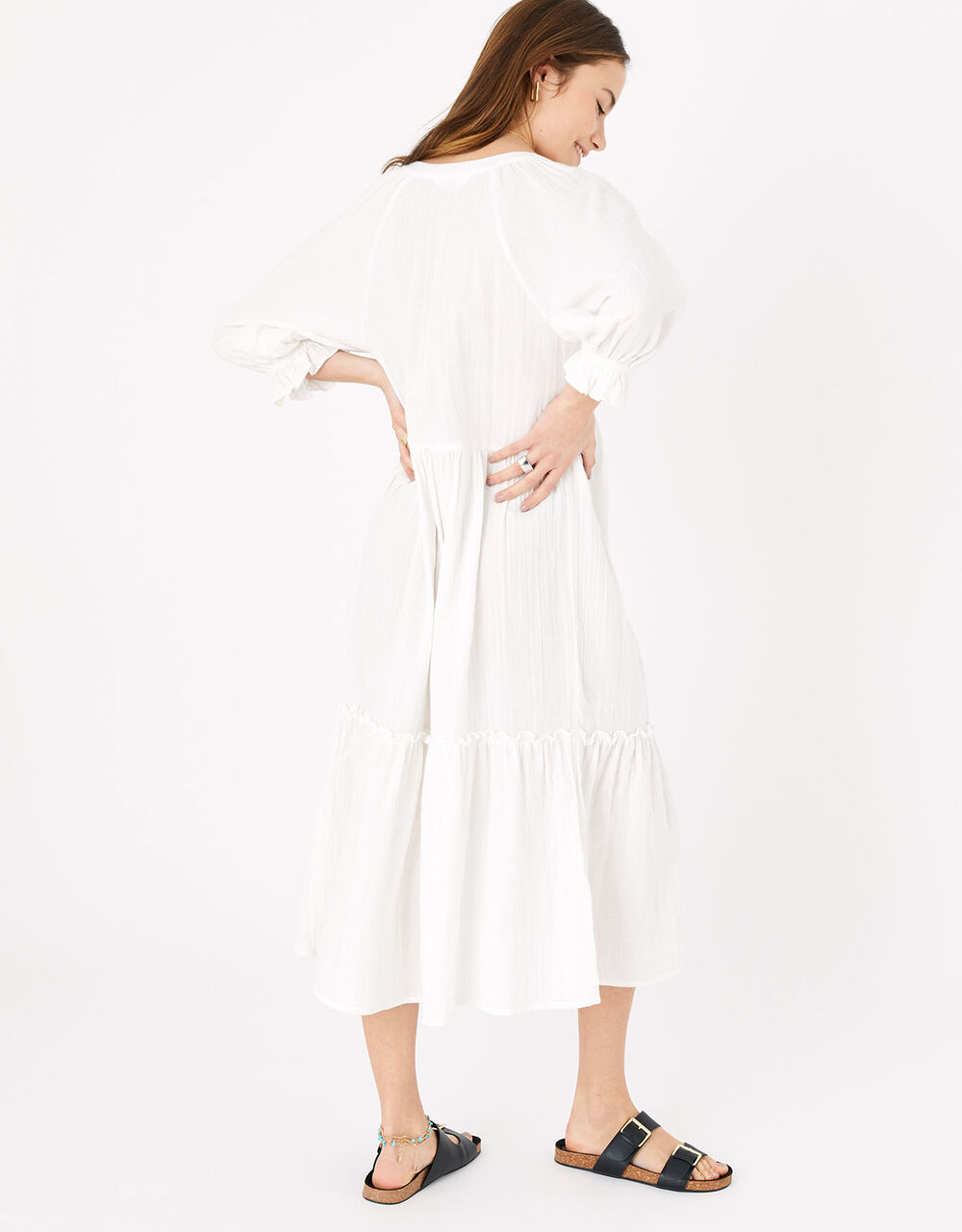 White Crinkled 100% Cotton Striped Gathered Short Dress