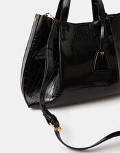Faux Croc Skin Patent Tote Bag, Black (BLACK), large