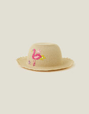 Girls Flamingo Floppy Hat, Natural (NATURAL), large