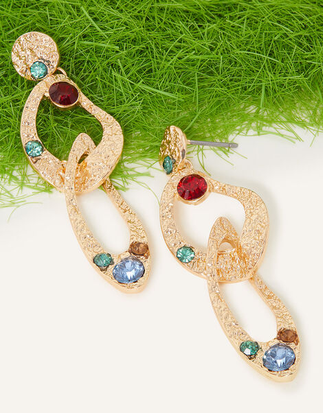 Gem Hammered Metal Loop Earrings, , large