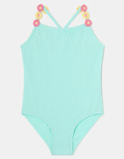 Girls Flower Strap Swimsuit , Blue (BLUE), large