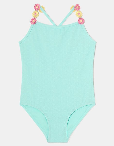 Girls Flower Strap Swimsuit , Blue (BLUE), large