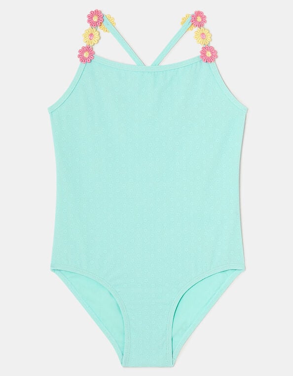 Girls Flower Strap Swimsuit , Blue (BLUE), large