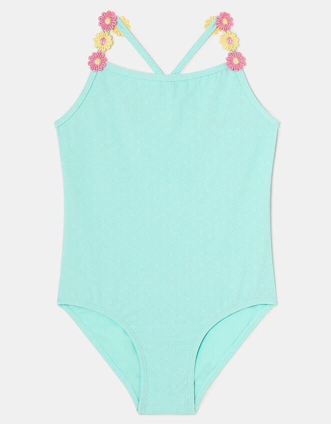 Girls Flower Strap Swimsuit , Blue (BLUE), large