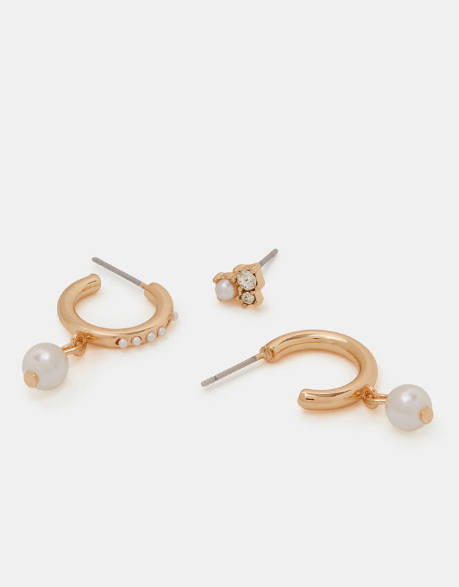 3-Pack Mini Pearl Hoop & Stud Earrings , , large