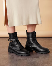 Lace Up Buckle Detail Boots, Black (BLACK), large