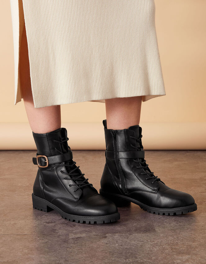 Lace Up Buckle Detail Boots, Black (BLACK), large