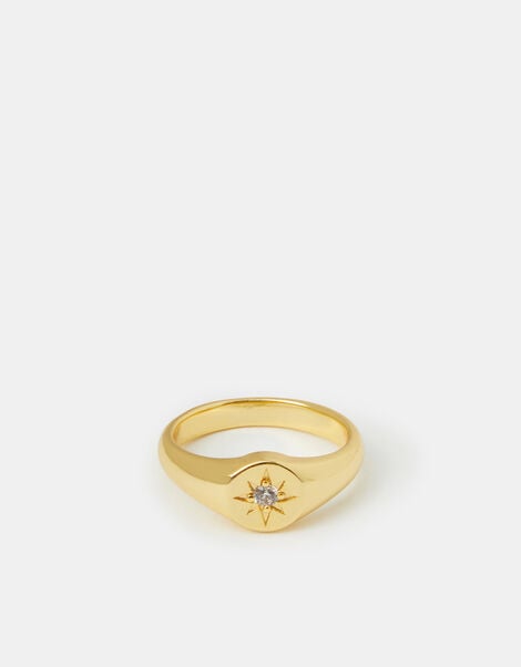 14ct Gold-Plated Star Signet Ring , Gold (GOLD), large