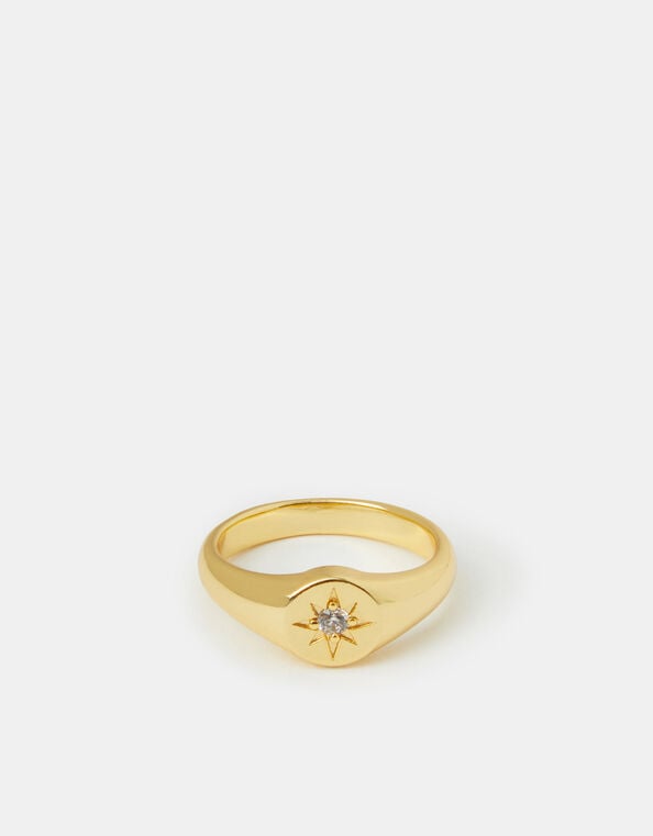 14ct Gold-Plated Star Signet Ring , Gold (GOLD), large