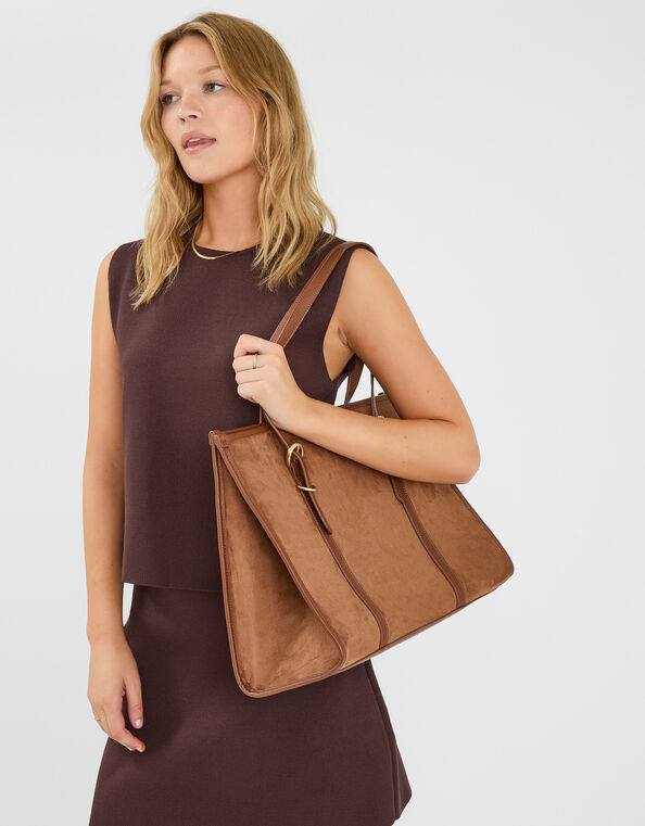 Buckle Strap Suedette Shoulder Bag, Tan (TAN), large