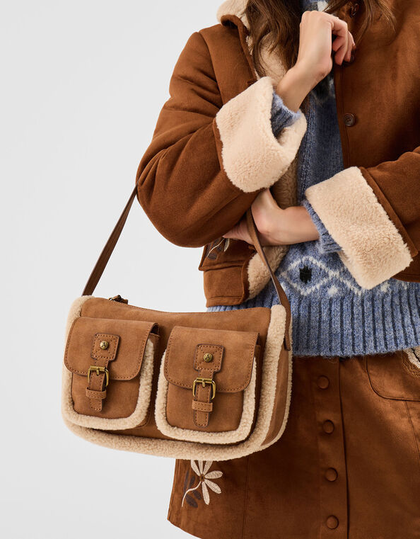 Faux Shearling Pocket Shoulder Bag, , large